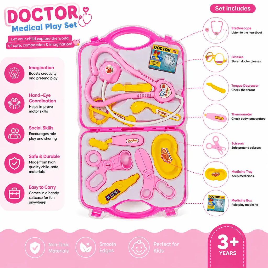 Pink and yellow doctor medical play set in a hard case, shown with included accessories and feature callouts on a white and pink background.