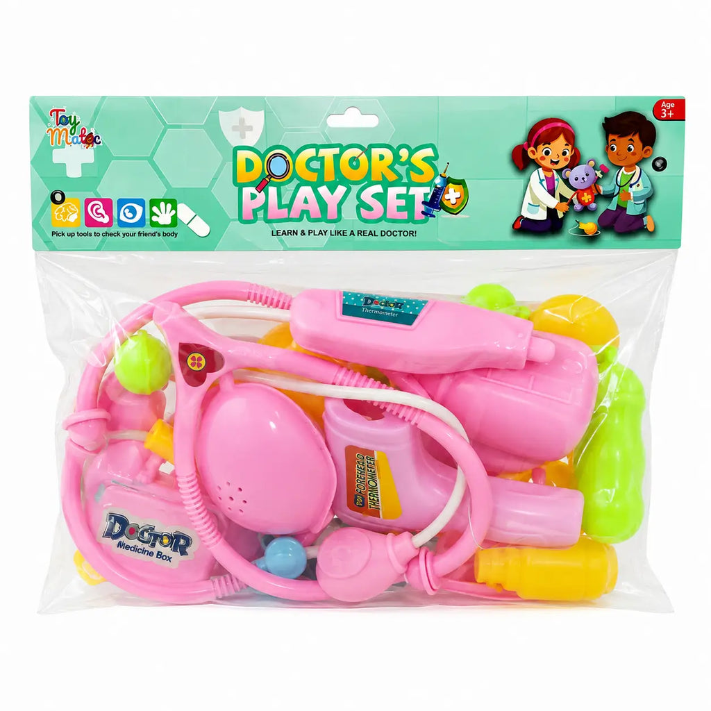 Pink Kids Doctor’s Play Set packaged with stethoscope, thermometer and colorful pretend medical accessories for ages 3+