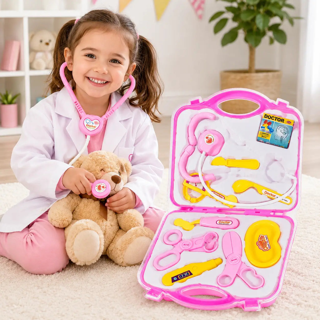 A young girl with pigtails sits on a cream carpet wearing a white doctor's coat and holding a teddy bear while using a pink stethoscope. To her right is an open pink plastic toy doctor kit containing a stethoscope, thermometer, scissors, and other medical play accessories.