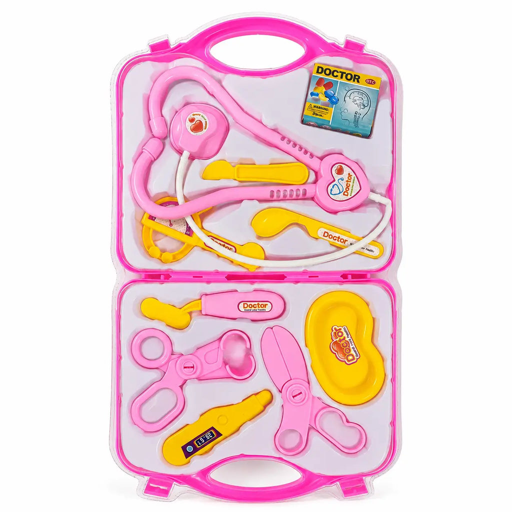 A children's toy doctor playset in a bright pink carrying case, featuring a pink stethoscope, yellow medical tools, a pink thermometer, scissors, and a heart-shaped mirror, with a small 'Doctor' box inside the case.