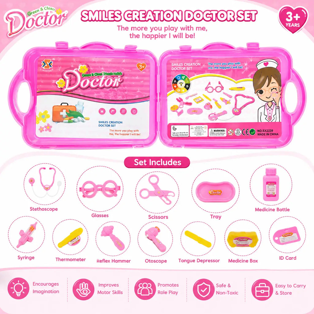 Smiles Creation Doctor Set toy kit in a pink plastic case, shown open with various toy medical tools including a stethoscope, glasses, scissors, thermometer, reflex hammer, otoscope, tongue depressor, medicine box, and syringe, on a white and pink background.