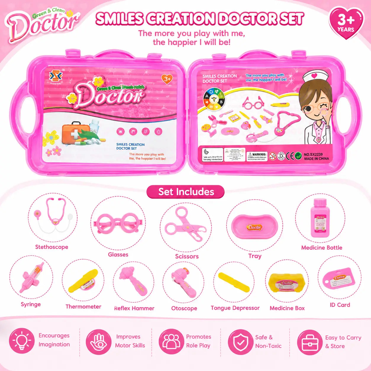 Smiles Creation Doctor Set toy kit in a pink plastic case, shown open with various toy medical tools including a stethoscope, glasses, scissors, thermometer, reflex hammer, otoscope, tongue depressor, medicine box, and syringe, on a white and pink background.