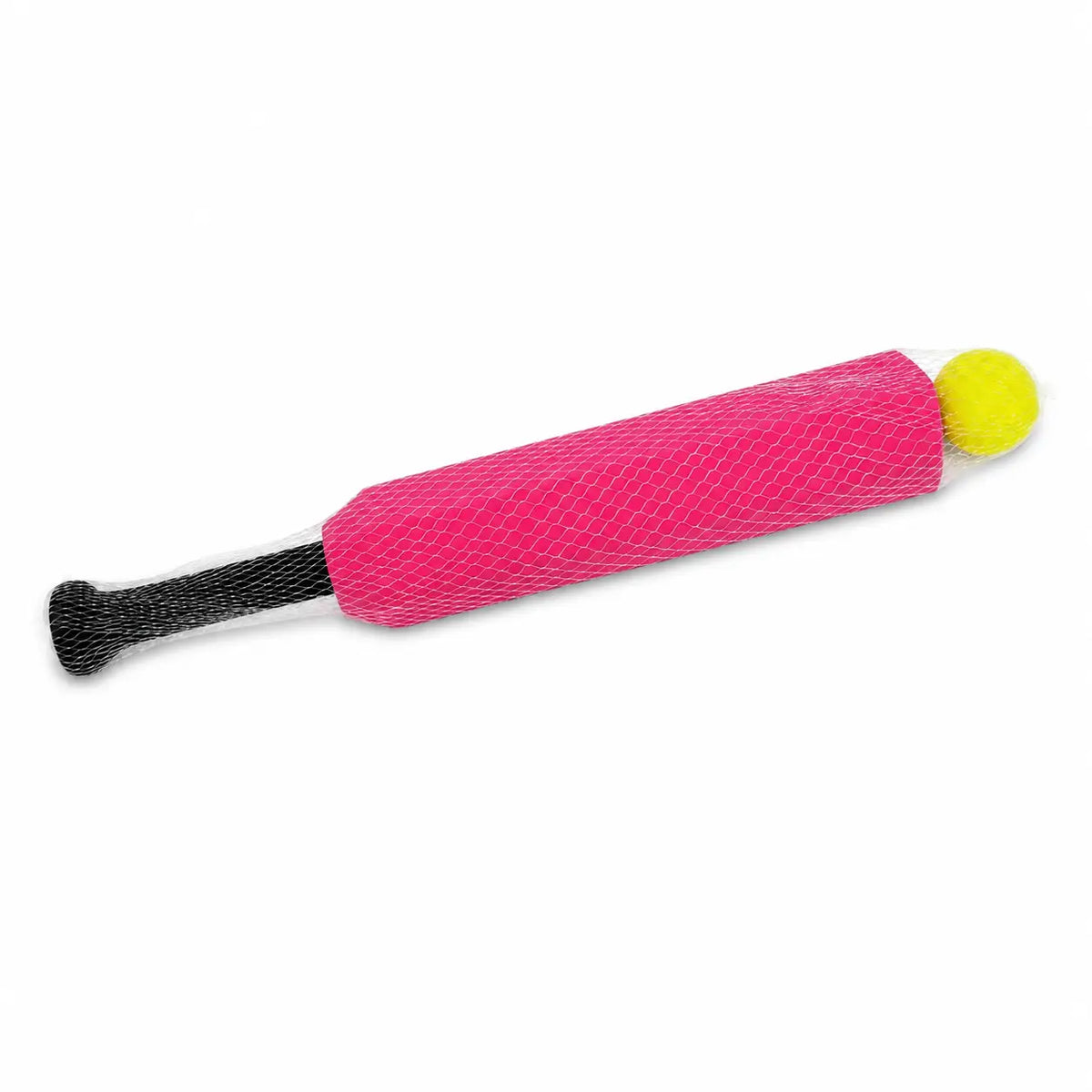 Pink foam cricket bat for kids with black handle and yellow play ball displayed on clean white background.