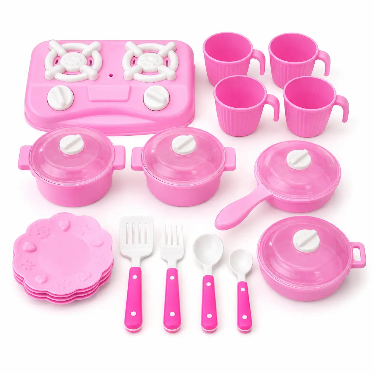 Pink kids kitchen playset with double burner stove, toy pots, pans, cups, plates and cooking utensils