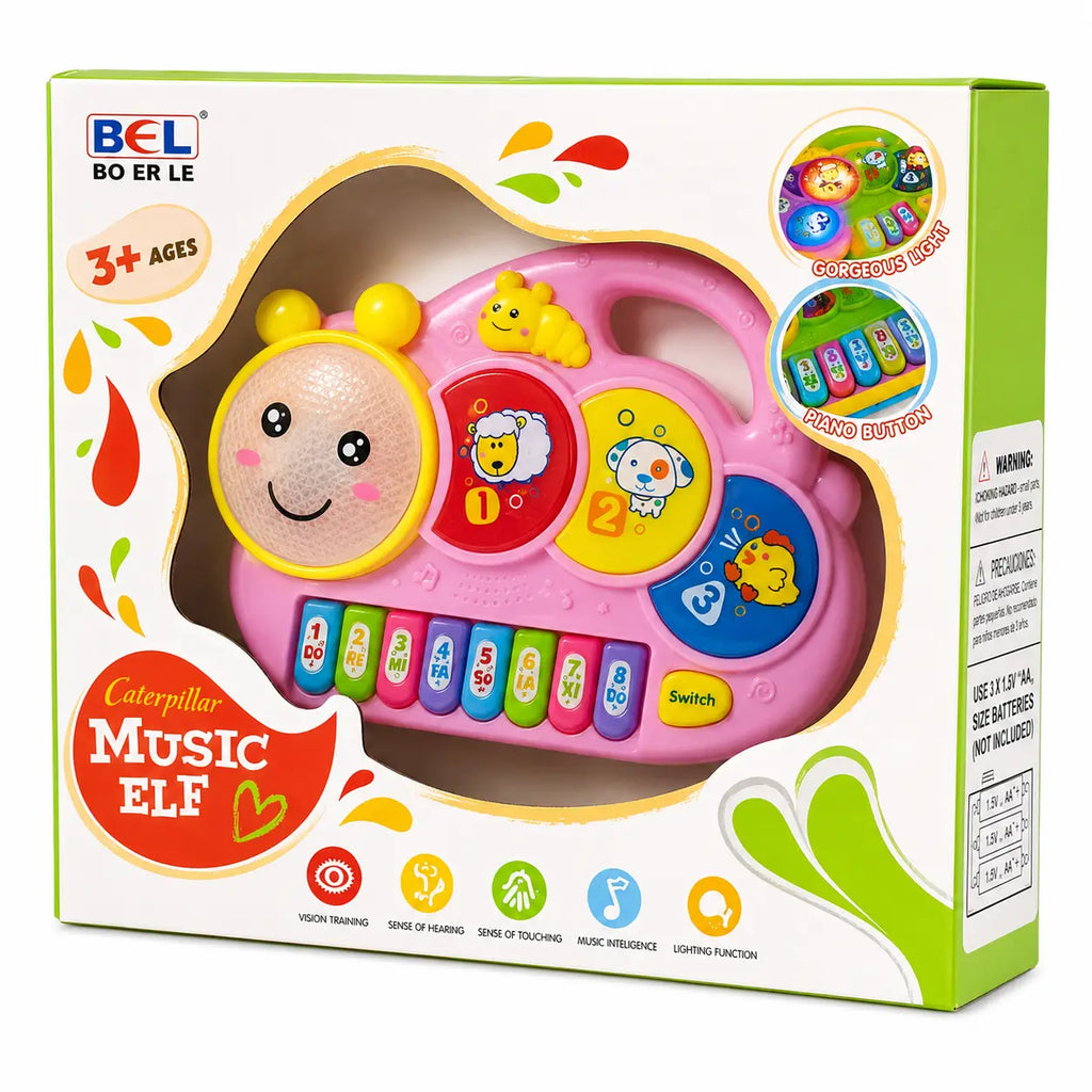 Close-up of pink animal sound piano toy with sheep dog and chick buttons