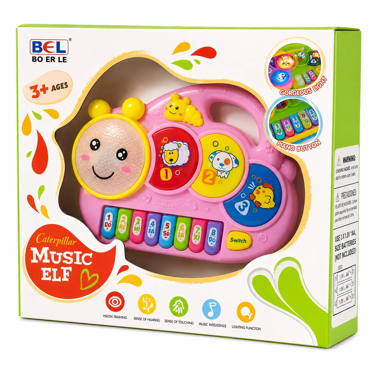 Close-up of pink animal sound piano toy with sheep dog and chick buttons