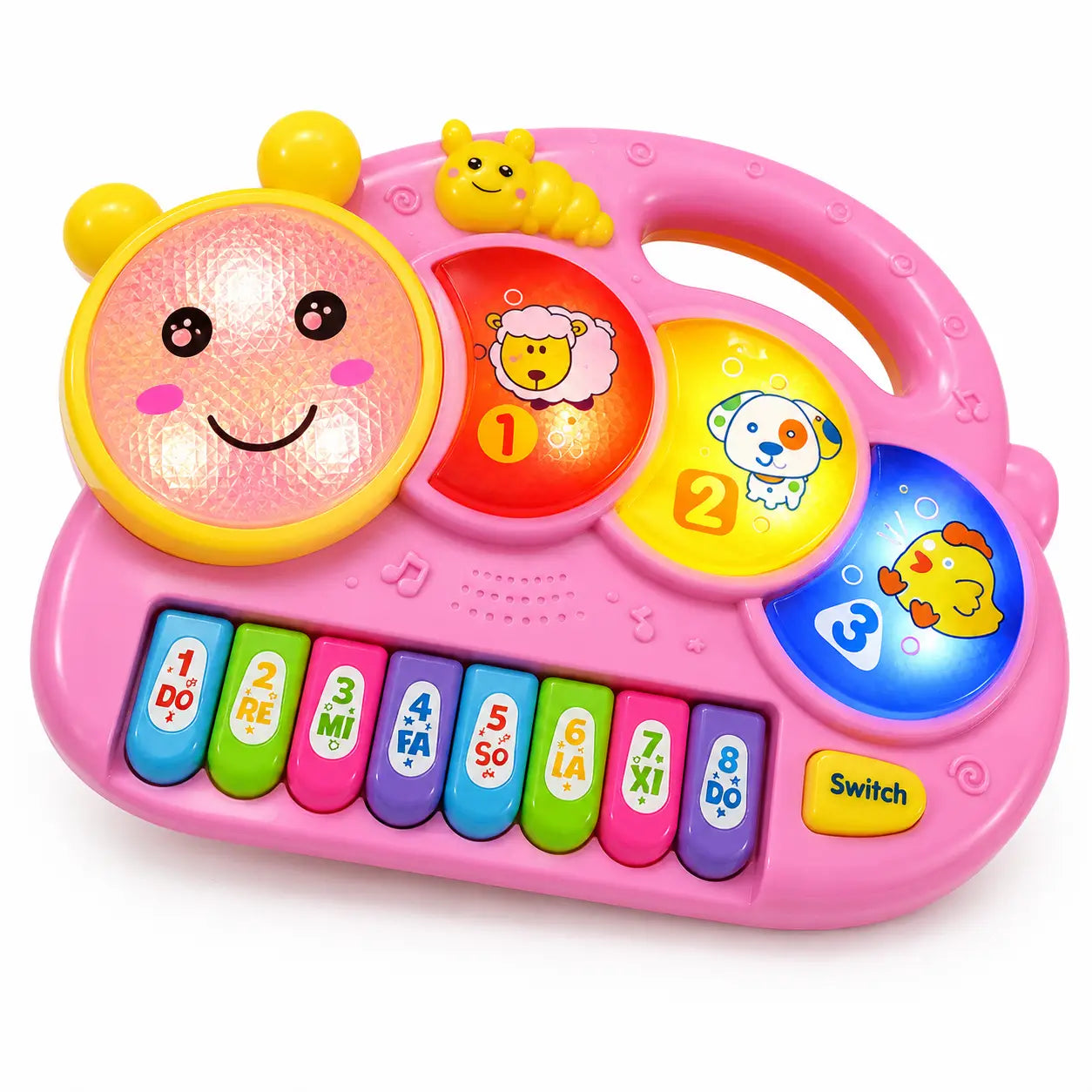 Pink kids piano toy with illuminated animal buttons and colourful keys