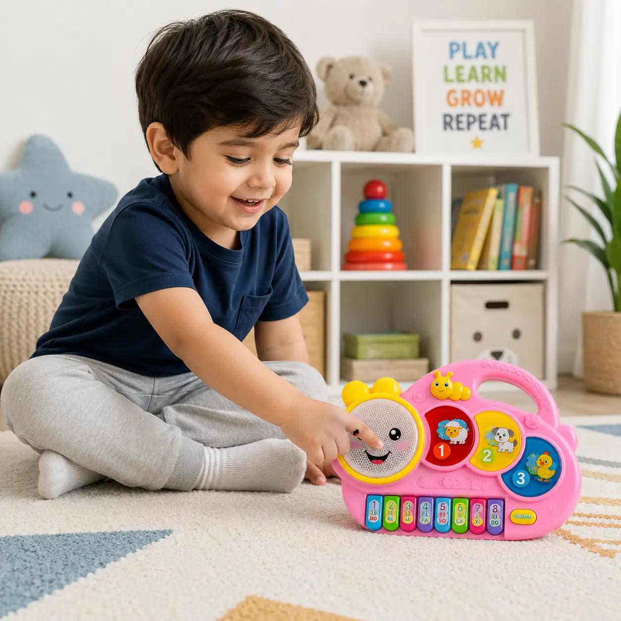 Child playing with a pink musical piano learning toy in a playroom