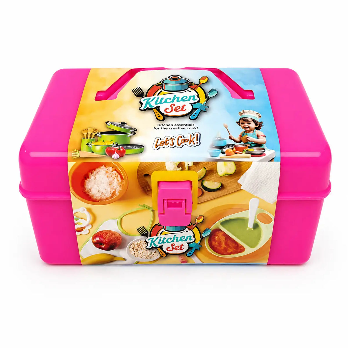 Pink kids kitchen role play set with portable storage carry case