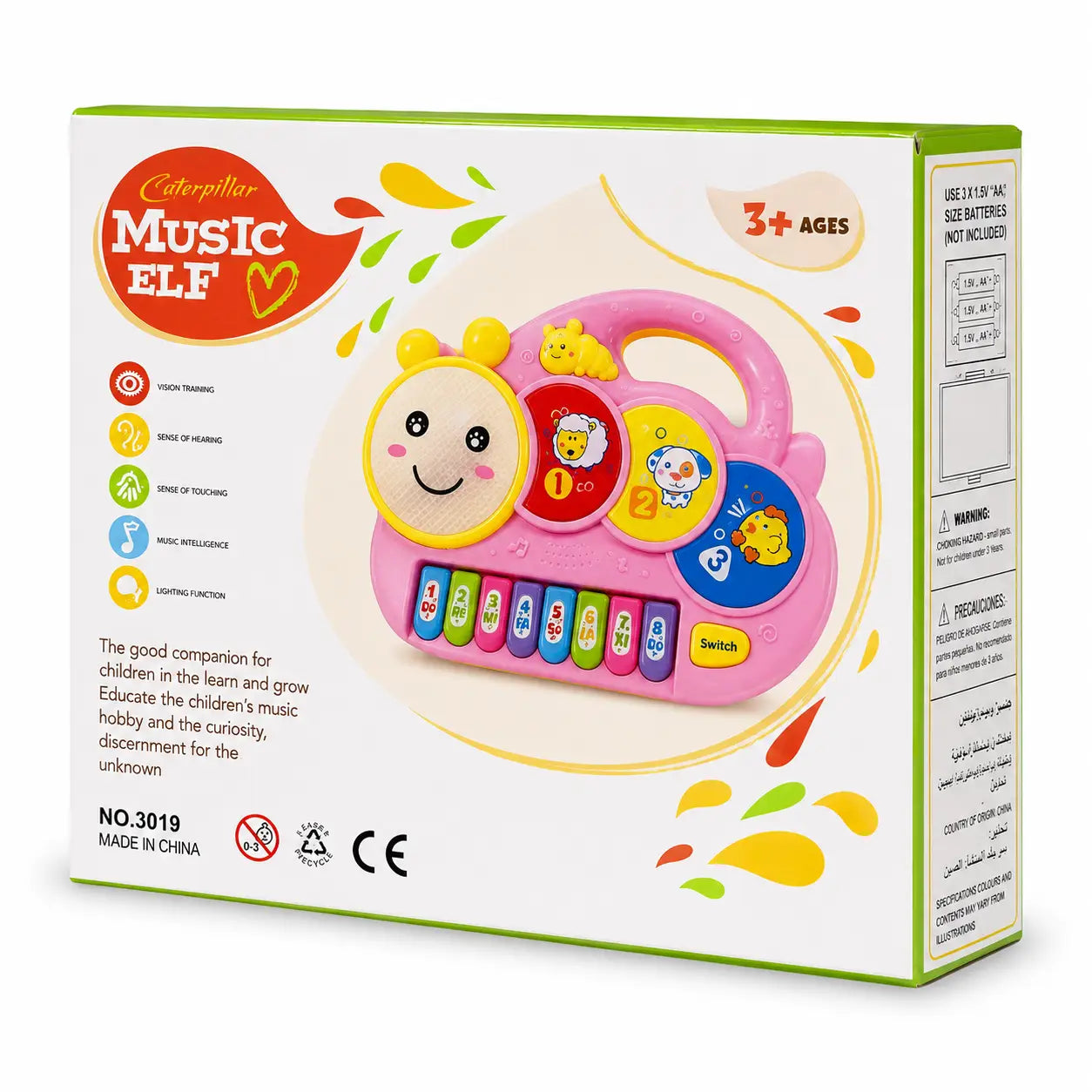 Back of the pink musical learning toy box showing product features