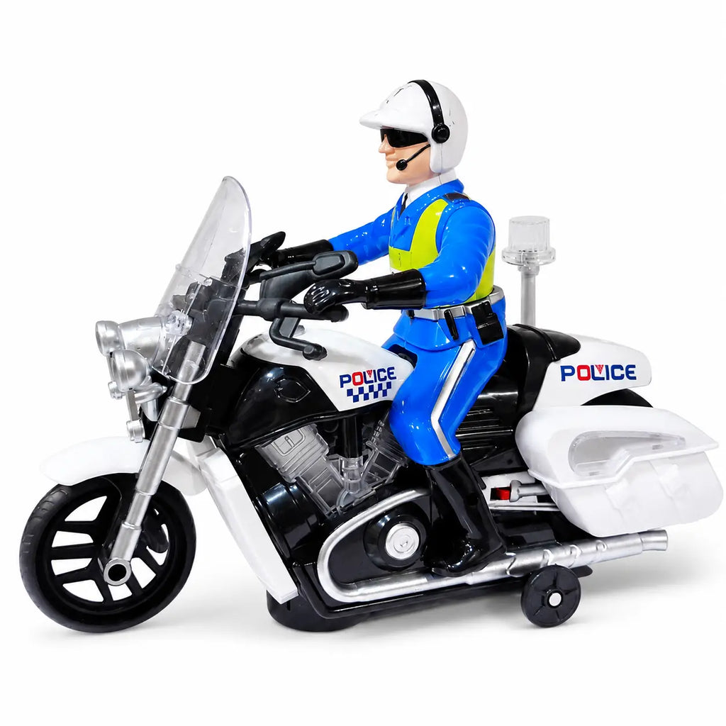 A toy police motorcycle with a toy officer sitting on it, photographed on a clean white background. The motorcycle is white and black with silver details, and the officer wears a blue uniform with a yellow reflective vest, black pants, and a white helmet.