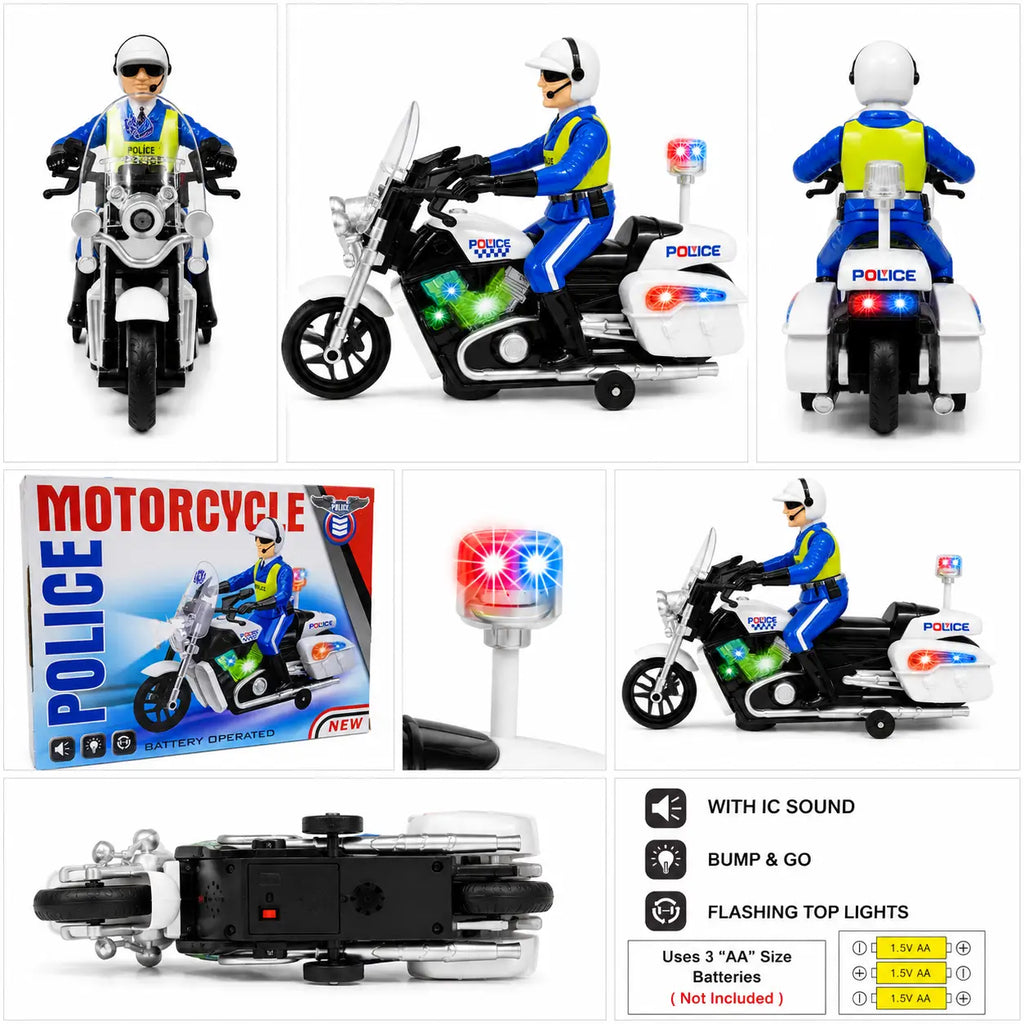 A collage showing a toy police motorcycle in multiple views, including front, back, side, and top-down views, along with the retail box, a light control knob, and feature callouts. The motorcycle is white and black with blue and yellow police officer uniforms and flashing red and blue lights.