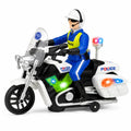A toy police officer riding a white and black ride-on motorcycle with colorful flashing lights, photographed on a clean white background.