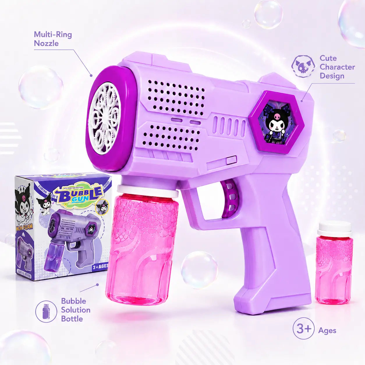 Purple character bubble gun displayed with retail box and separate pink solution bottle