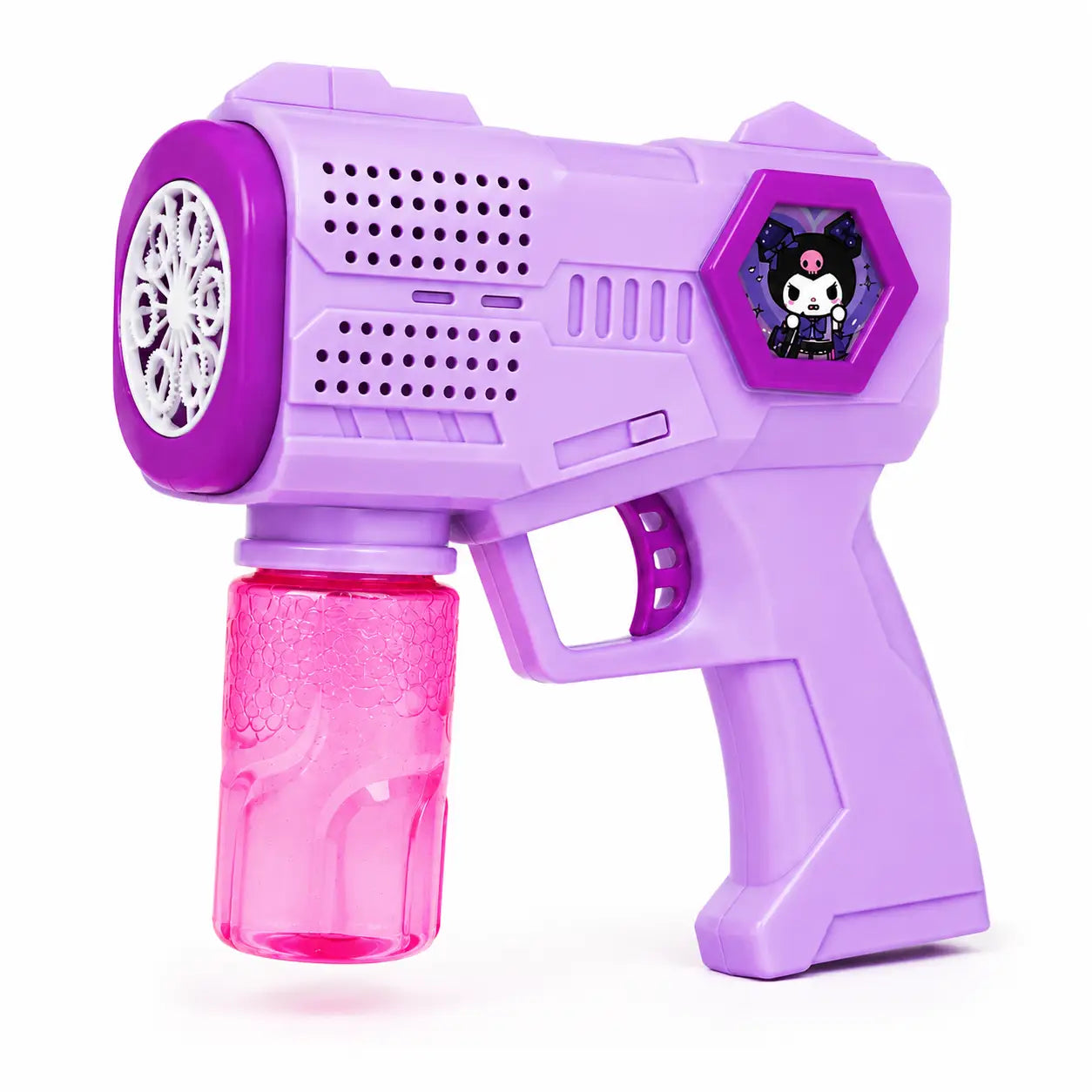 Purple Kuromi-style automatic bubble gun with attachable pink solution bottle