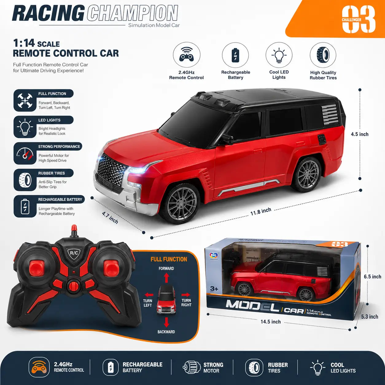 Racing Champion 1:14 rechargeable remote control SUV car features with remote and charging details