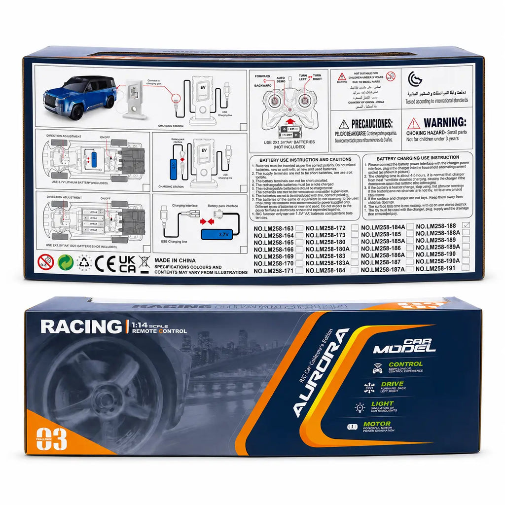Racing Champion remote control SUV car retail box showing charging and operating instructions