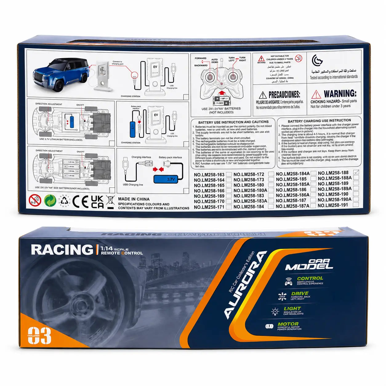 Racing Champion remote control SUV car retail box showing charging and operating instructions