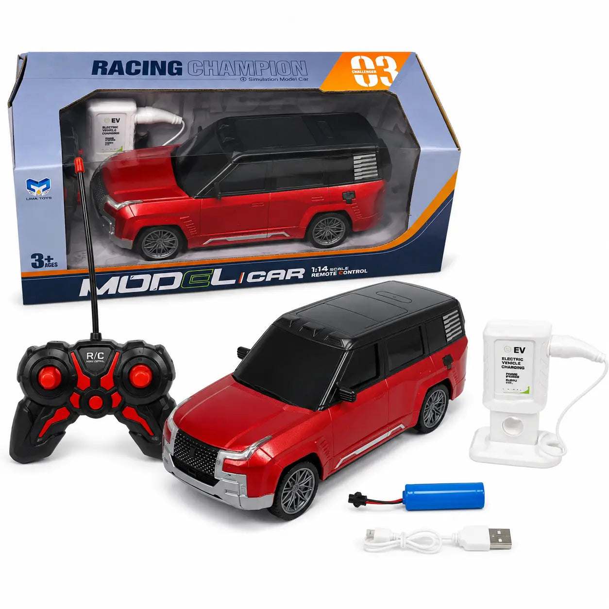 Racing Champion rechargeable RC SUV complete set with remote battery USB cable charging station and box