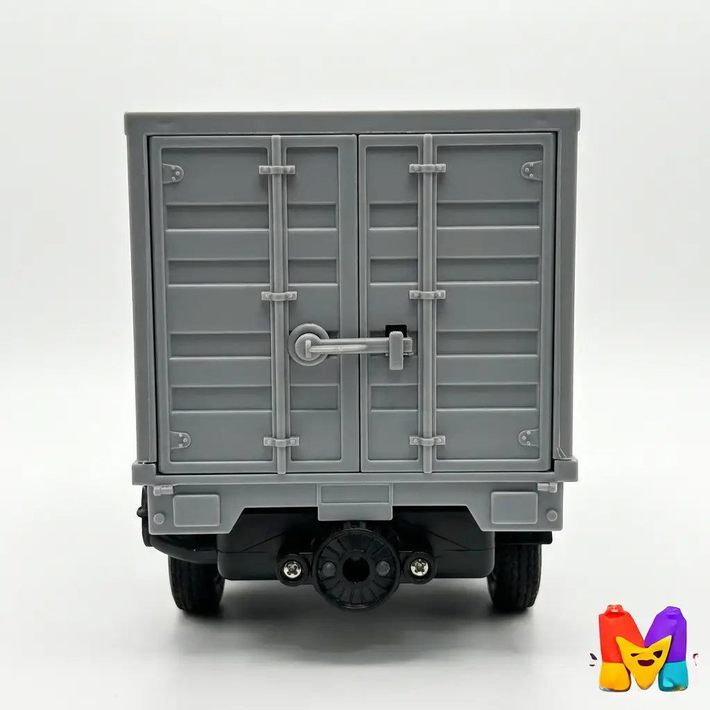A gray toy box truck shown from the rear, featuring detailed cargo door hinges, a latch handle, and black wheels, photographed against a clean white studio background.