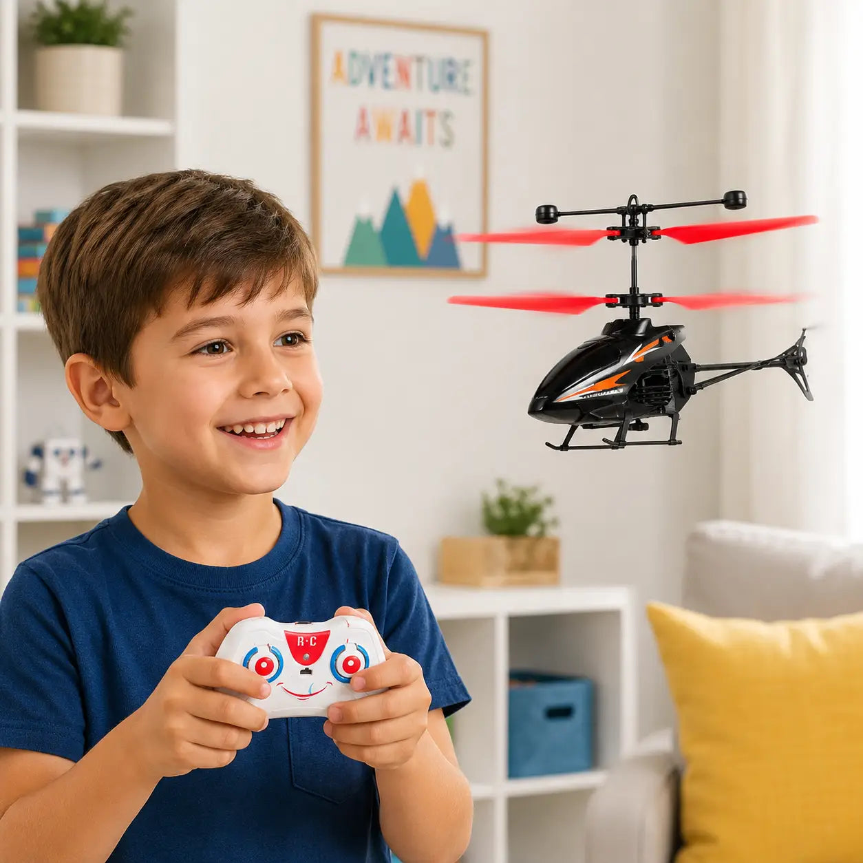 Remote control helicopter toy being flown indoors by a child using the included RC controller.
