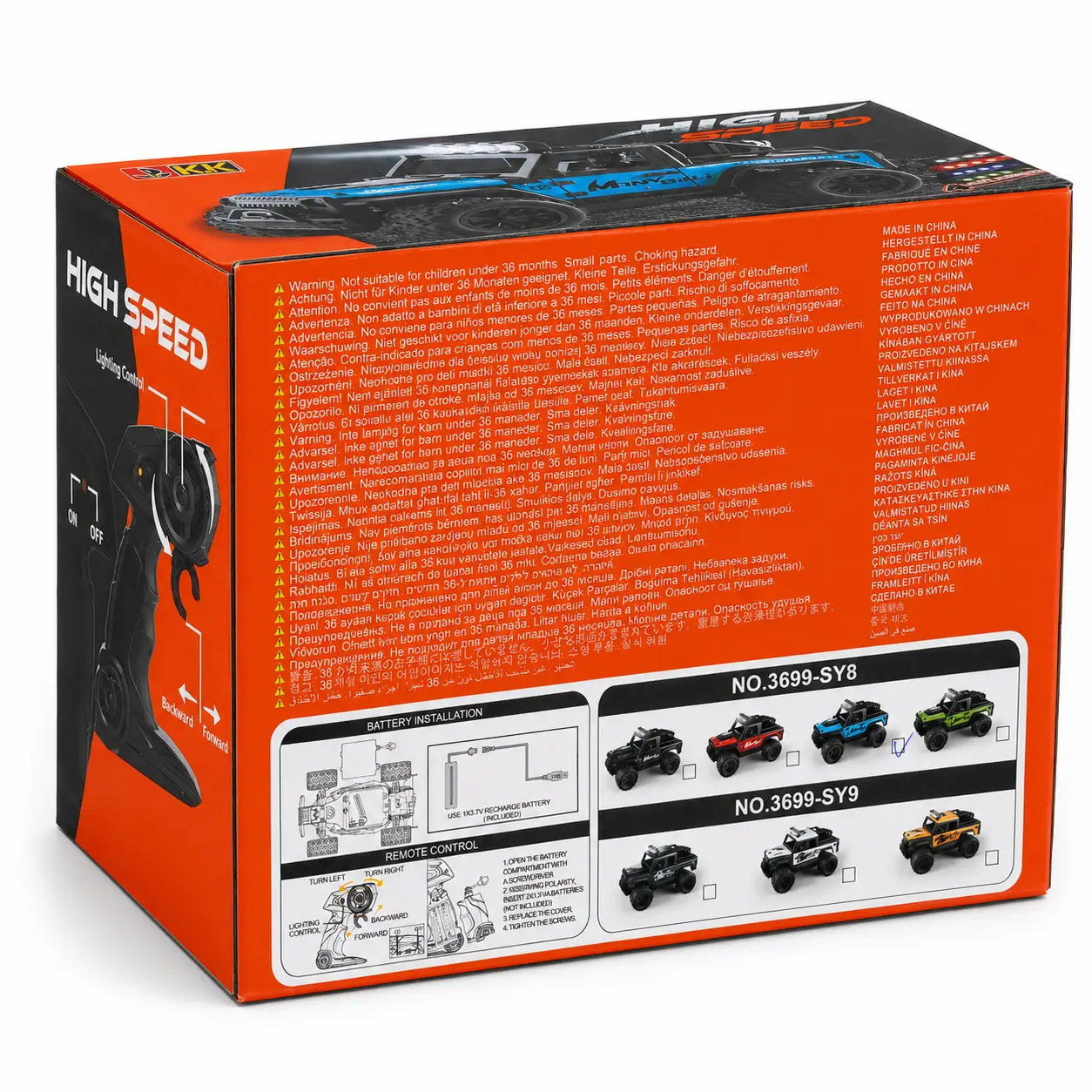 Orange and black retail box for a remote-controlled high-speed off-road vehicle, showing product imagery, safety instructions, and included vehicle color options on the front and side panels.