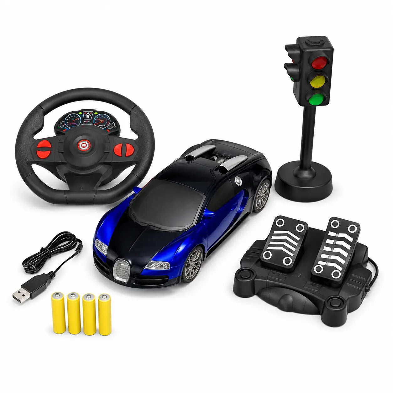 Complete RC racing car set with blue car steering wheel pedals traffic light batteries and charging cable