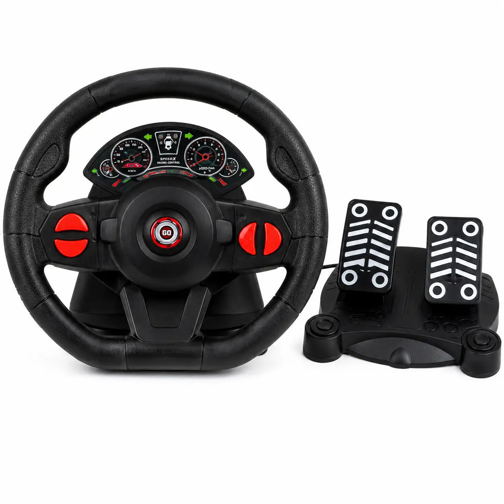 Black steering wheel controller with red buttons and dual pedal unit for RC racing car