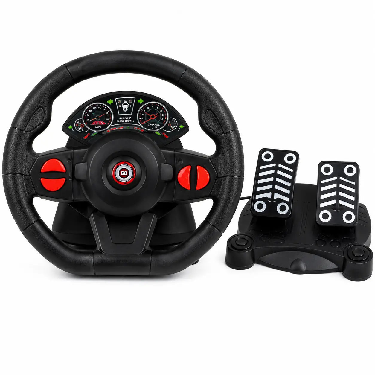 Black steering wheel controller with red buttons and dual pedal unit for RC racing car