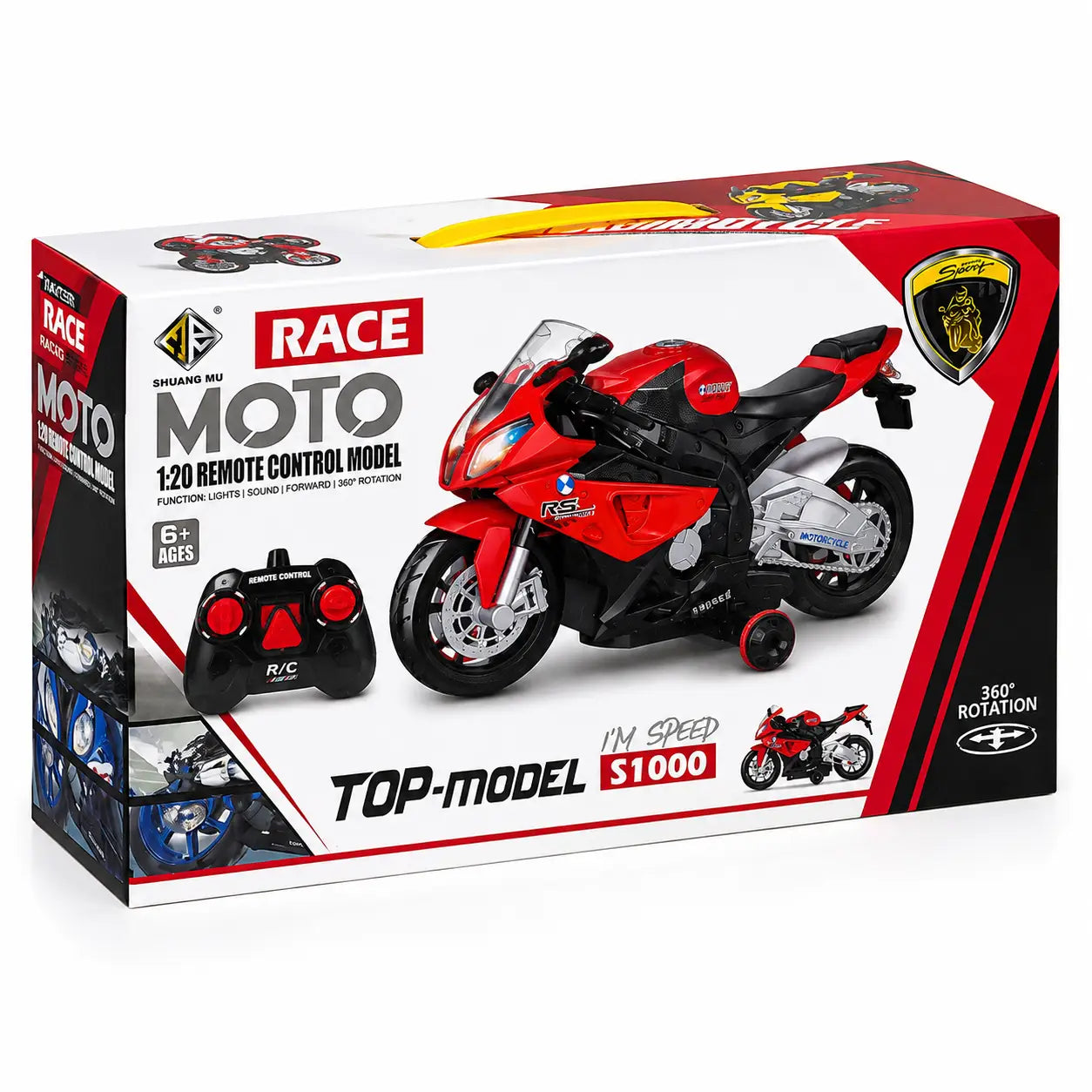 Remote control racing motorcycle toy box shown from an angled front and side view