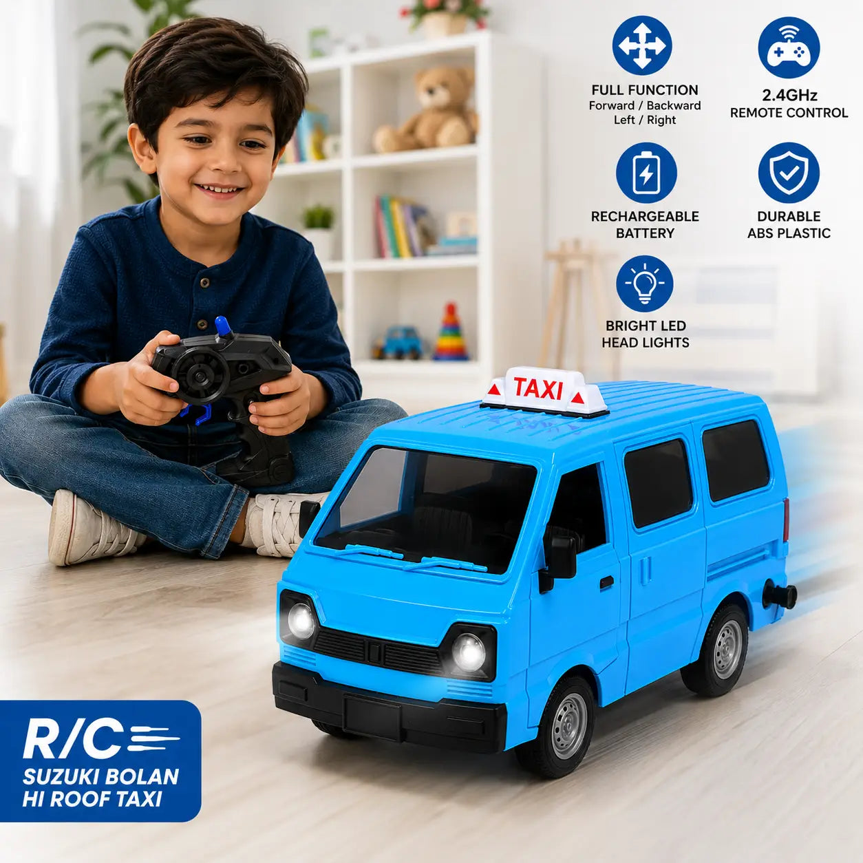 RC Suzuki Bolan Hi Roof Taxi Remote Control Car for Kids - Red | Spray, Lights & Music
