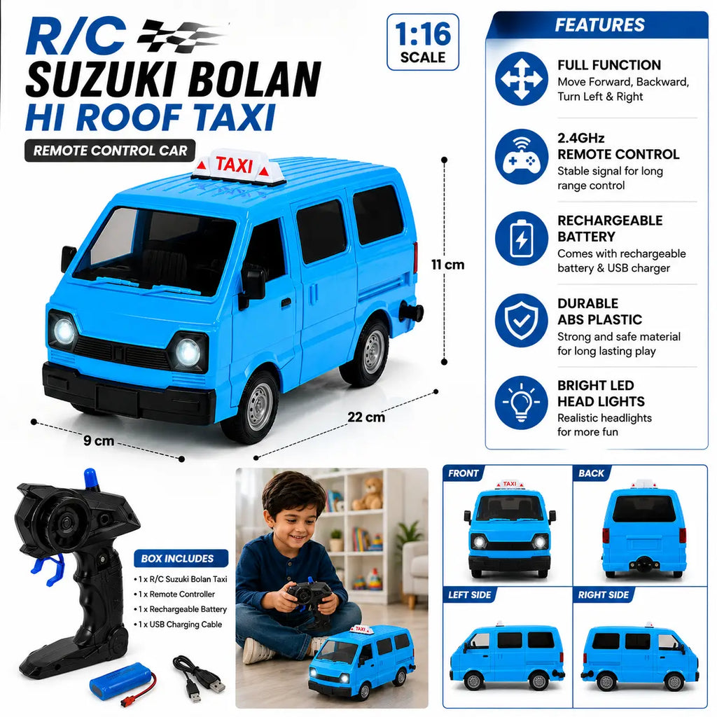 RC Suzuki Bolan Hi Roof Taxi Remote Control Car for Kids - Red | Spray, Lights & Music