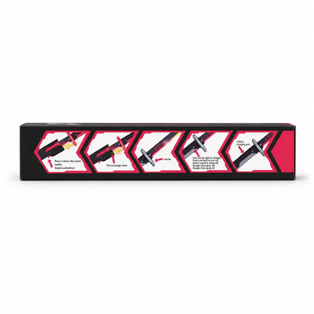 LED light saber toy packaging showing operating instructions and Type-C charging feature