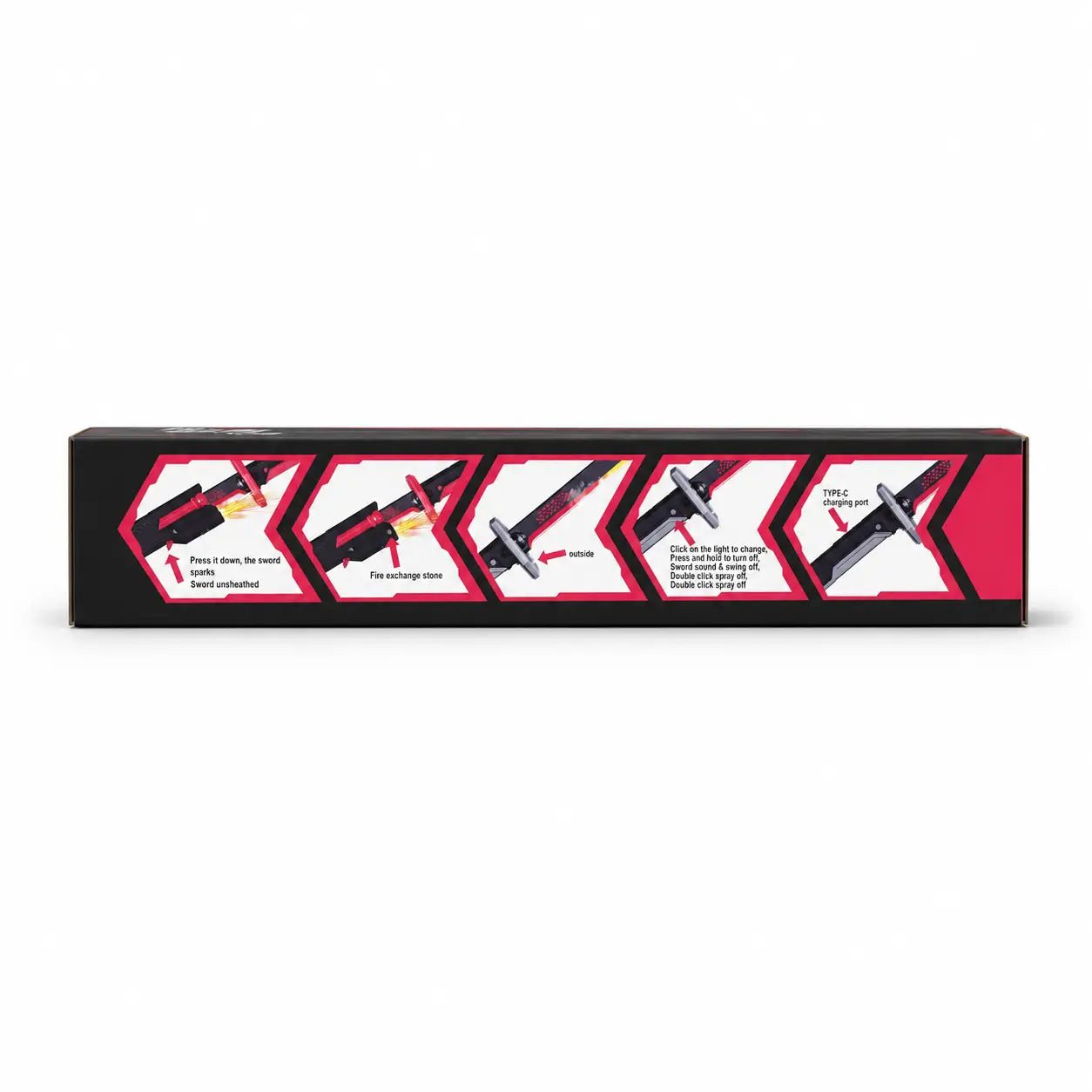 LED light saber toy packaging showing operating instructions and Type-C charging feature