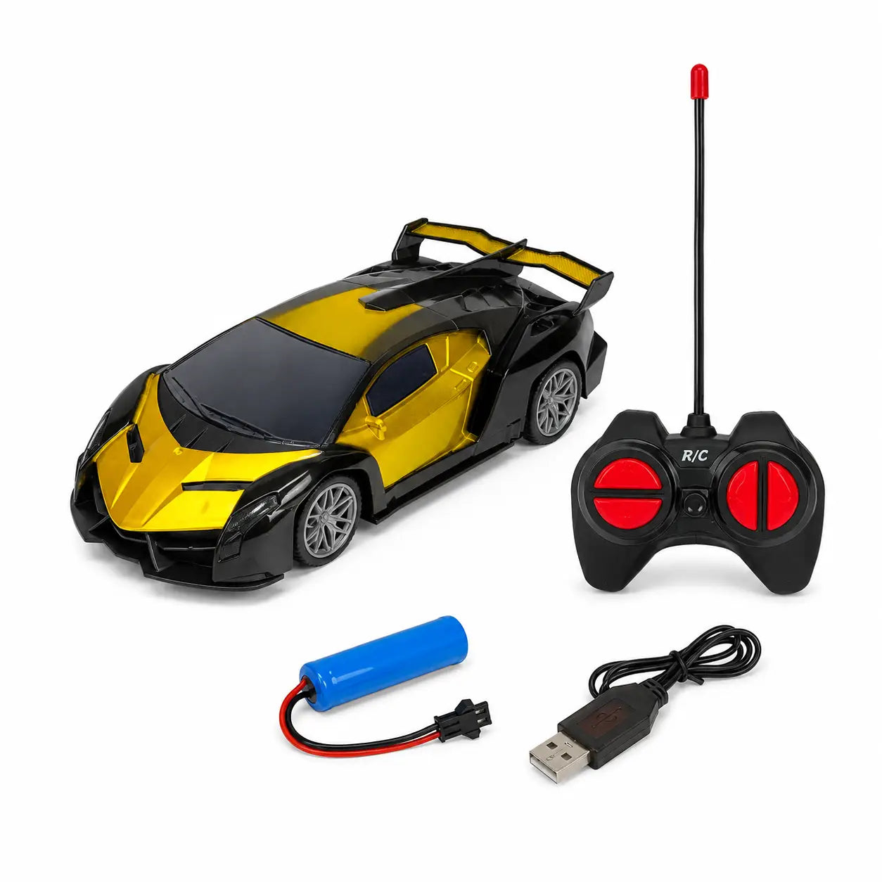 Rechargeable RC sports car set with remote battery and USB charging cable