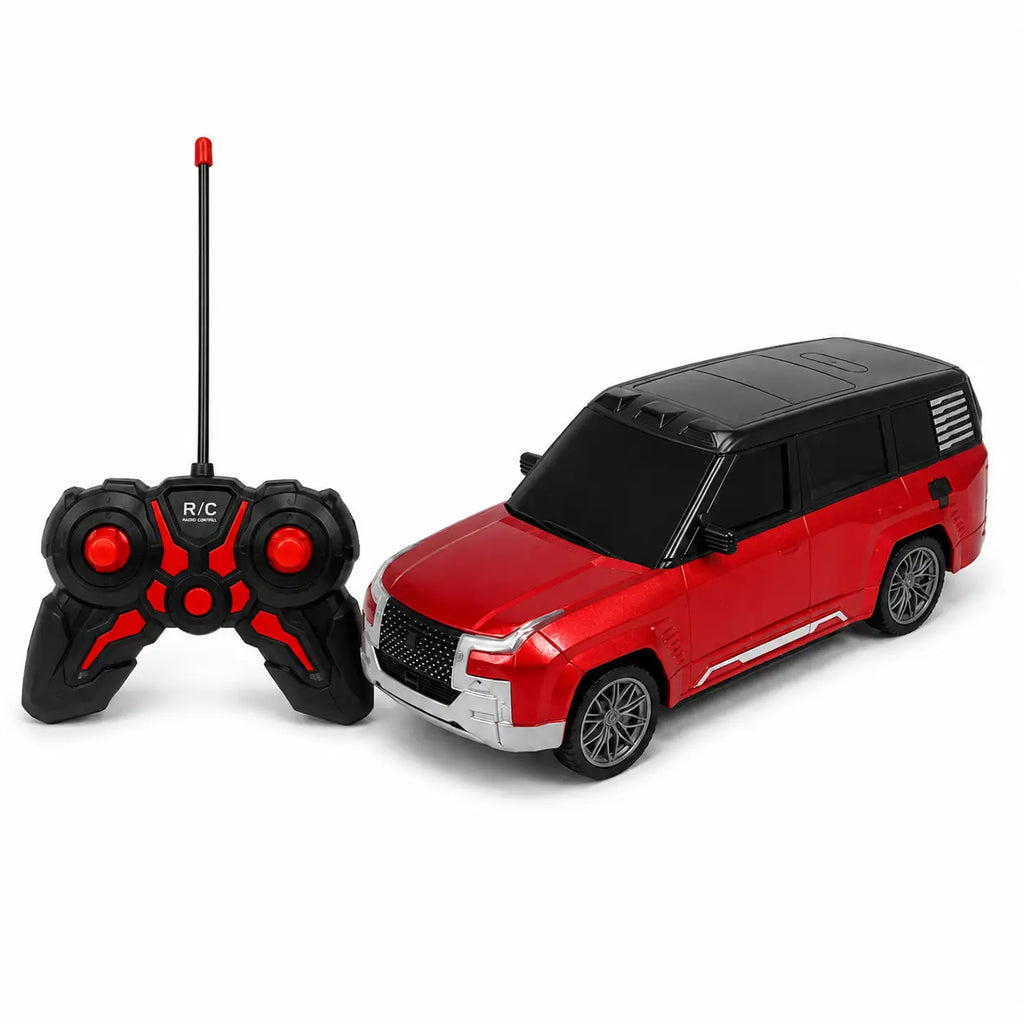 Red rechargeable RC SUV car displayed with black and red handheld remote controller