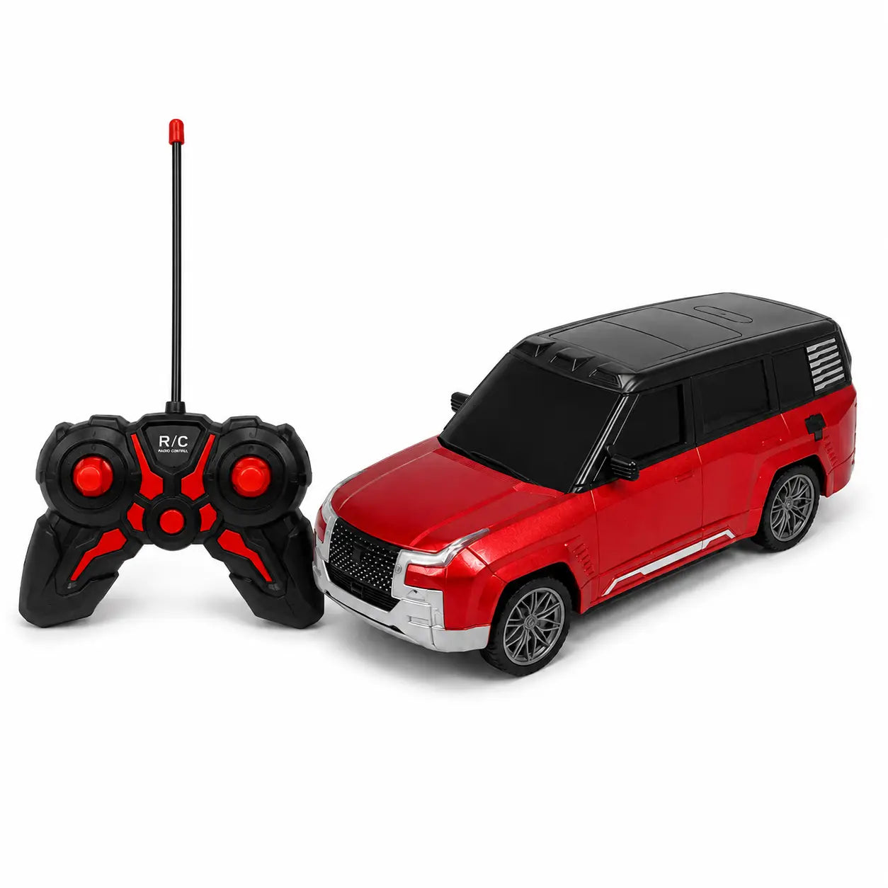 Red rechargeable RC SUV car displayed with black and red handheld remote controller