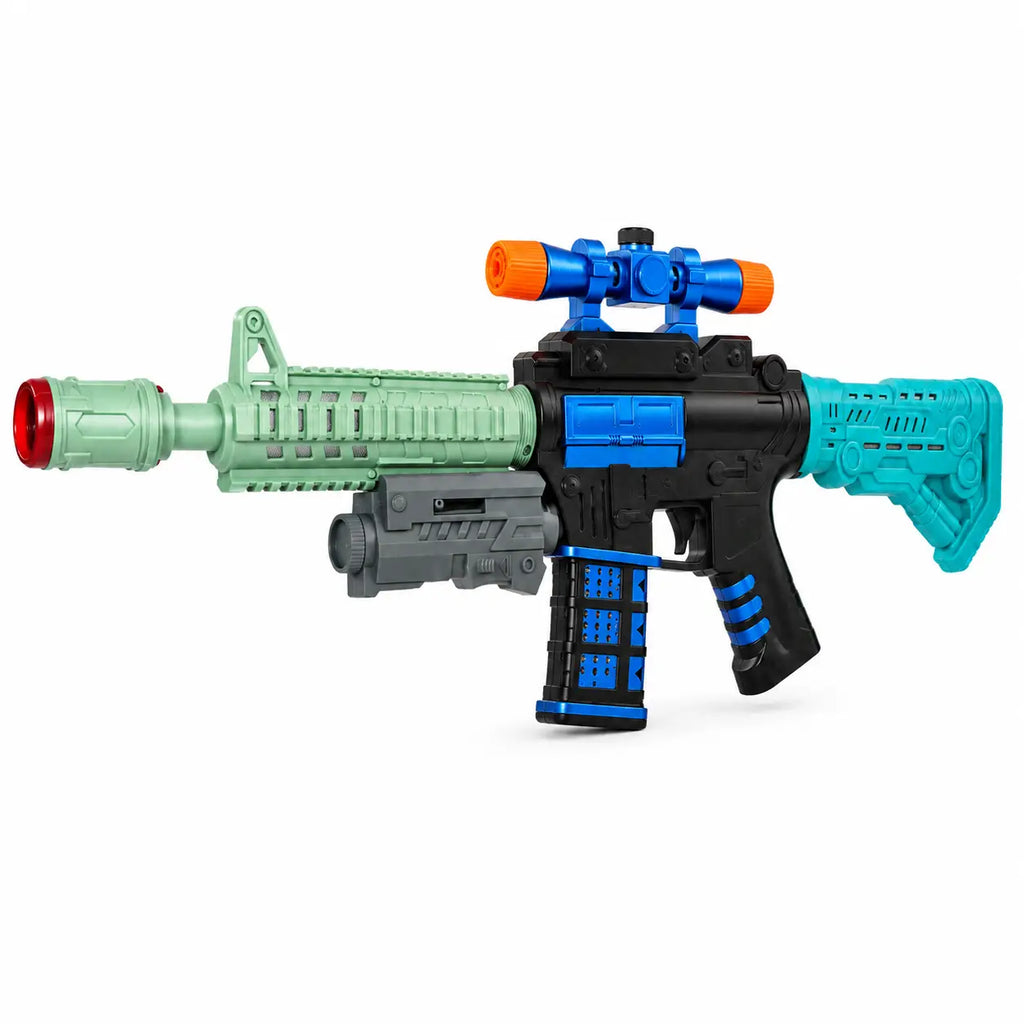 Rechargeable kids soft bullet toy gun with blue scope and mint green barrel angled view