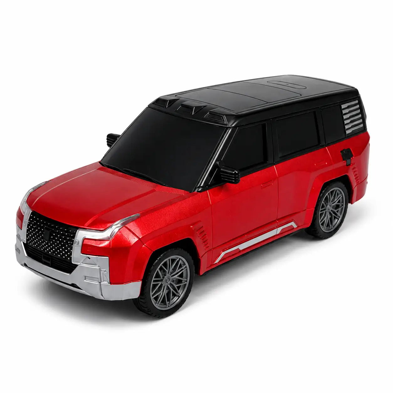 Red and black 1:14 remote control SUV car front side hero view on white background