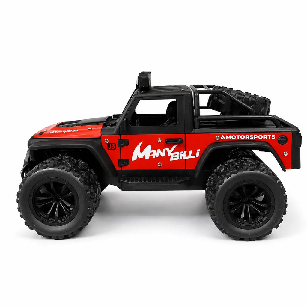 A red and black RC Jeep Wrangler toy truck with oversized black tires, shown from a side profile on a white background. The side features 'MANY BILLI' and 'AMOTORSPORTS' decals.