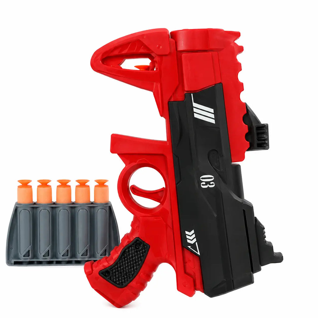 Red and black kids soft bullet toy blaster with orange foam darts and grey dart storage holder
