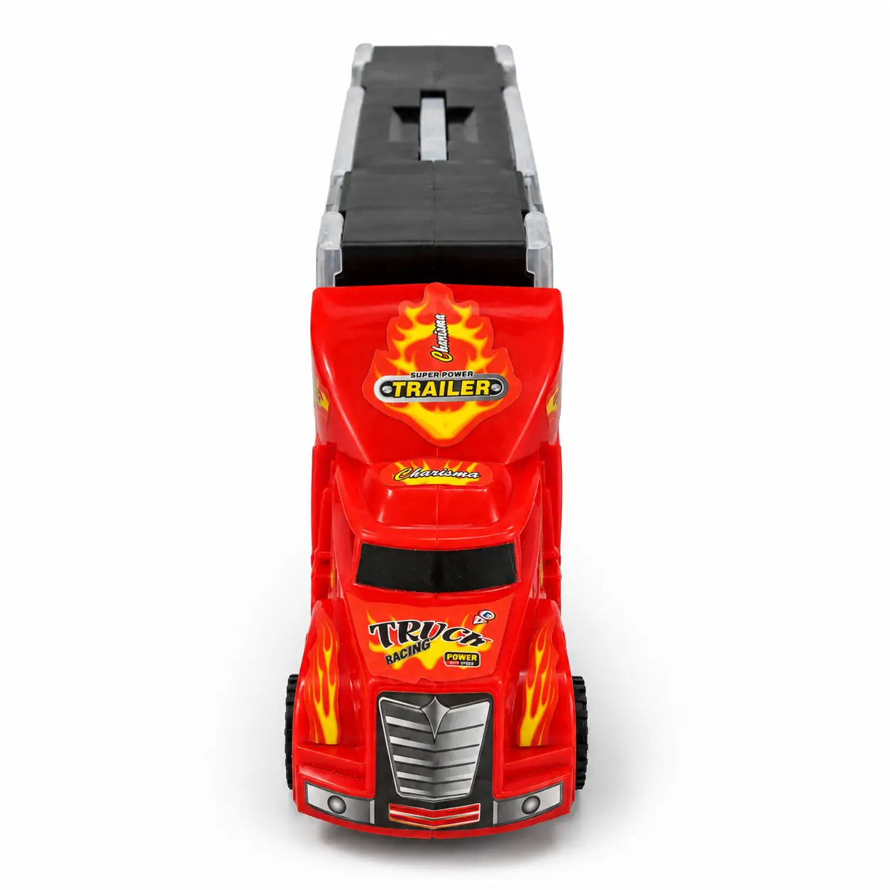 Front view of red racing style container truck toy with flame graphics