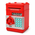 Red electronic password Number Bank with turquoise keypad, automatic note slot and rotating safe handle