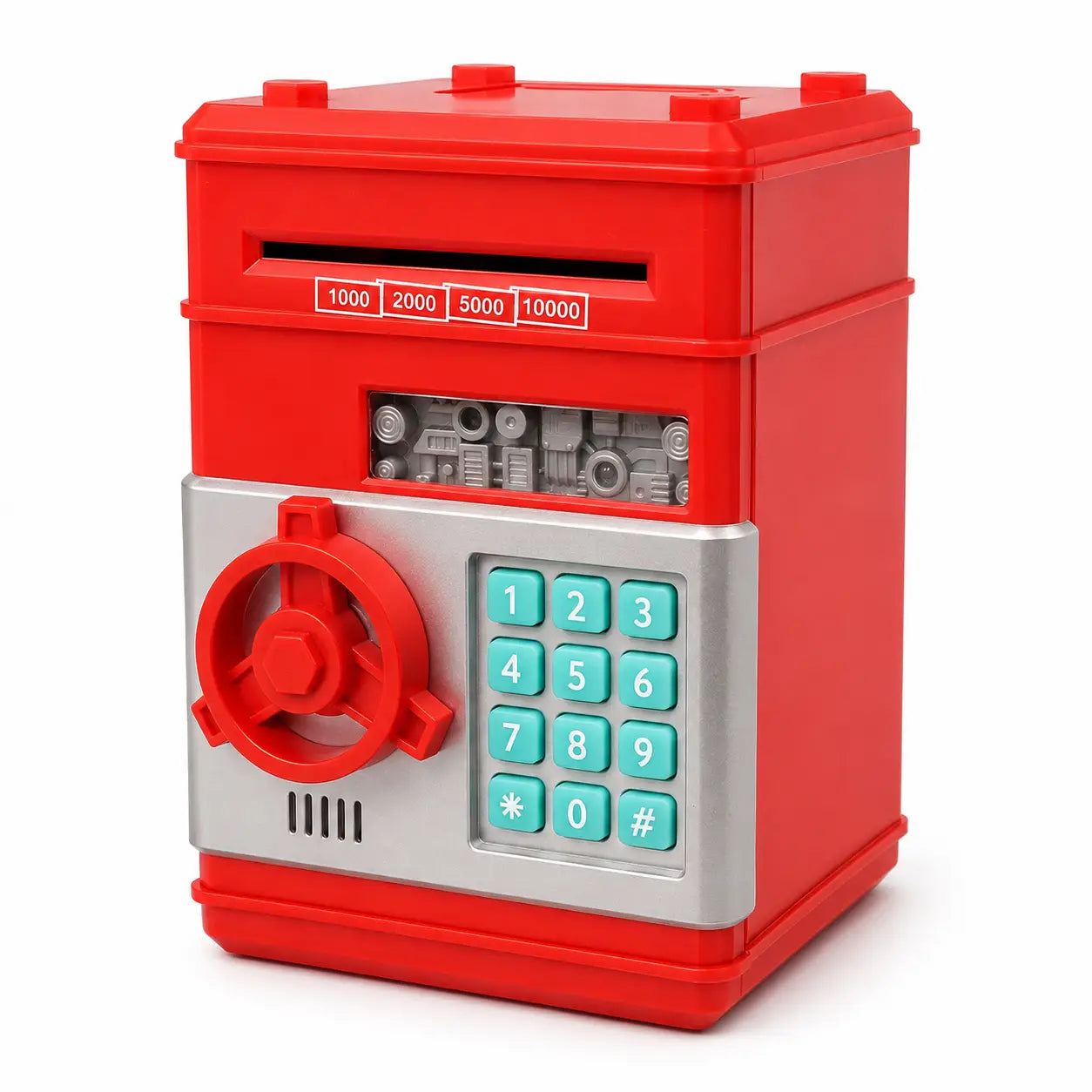 Red electronic password Number Bank with turquoise keypad, automatic note slot and rotating safe handle