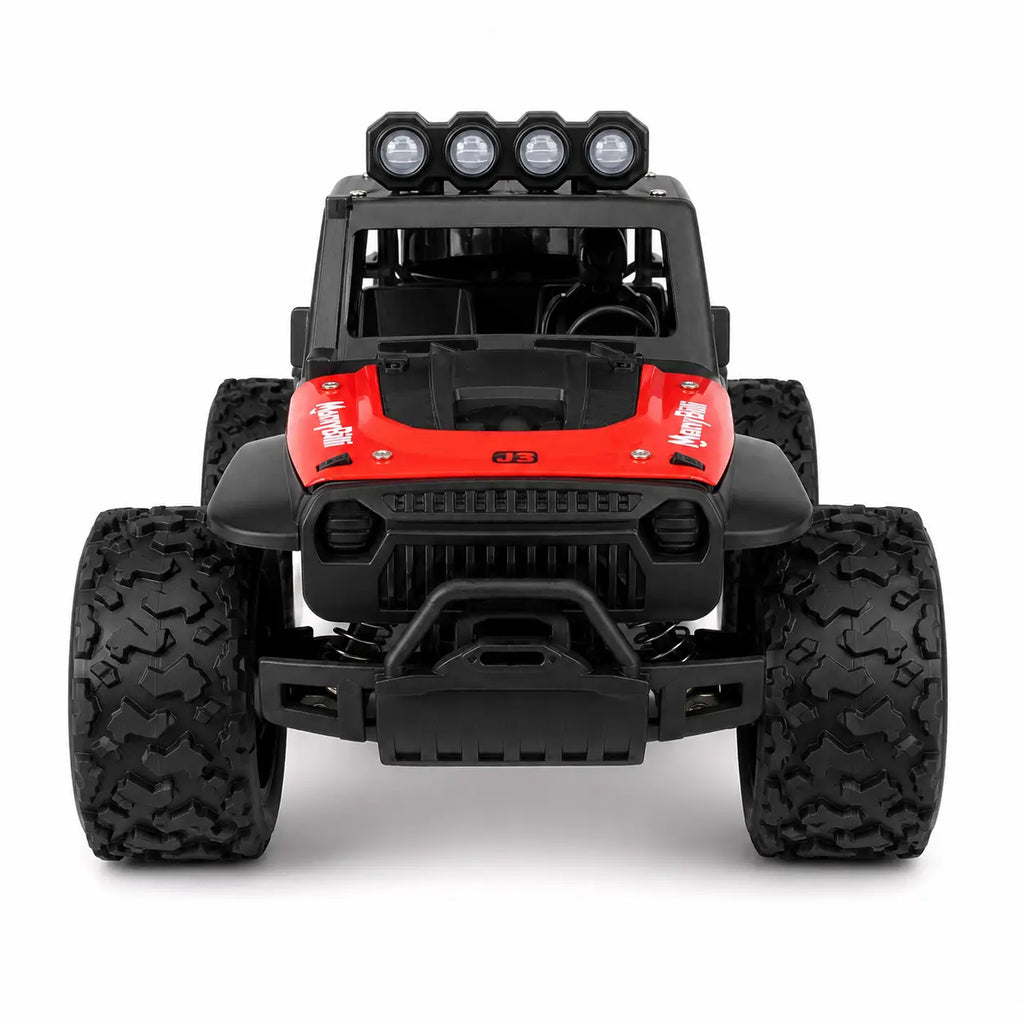 Front view of red high-speed remote-control off-road jeep with roof lights