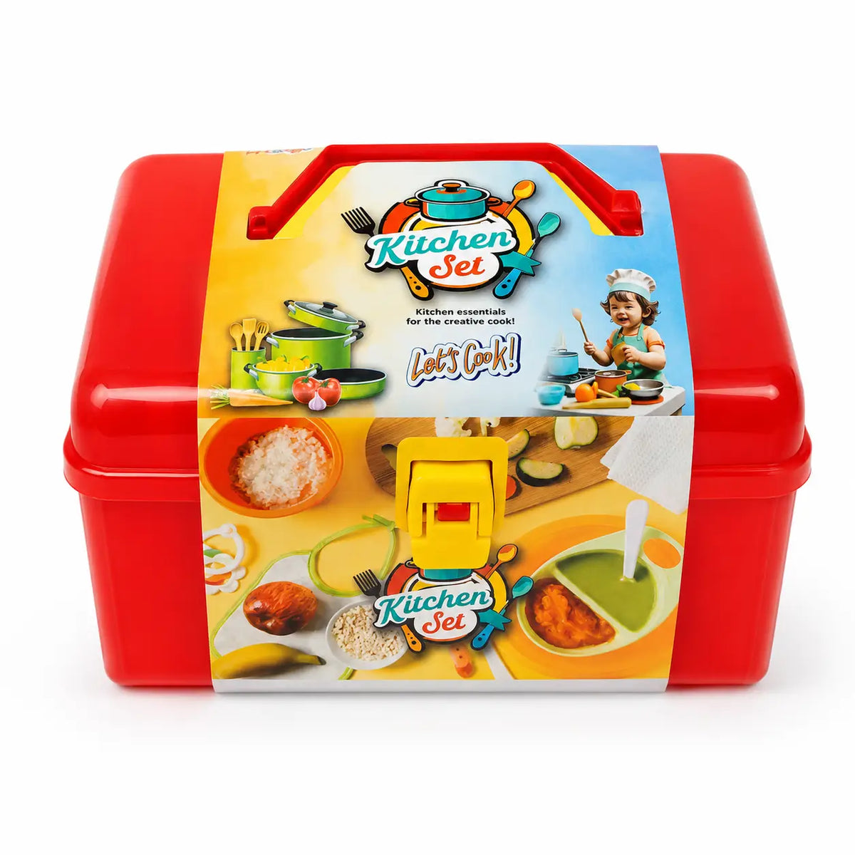 Red portable kids kitchen cooking play set carry case front view