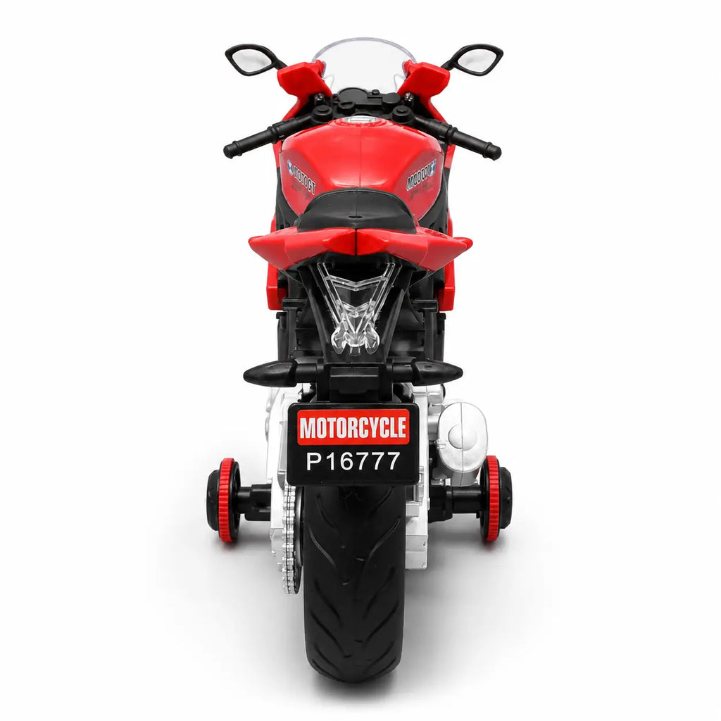 Rear view of red RC racing motorcycle toy with stabilizer wheels and realistic back tyre