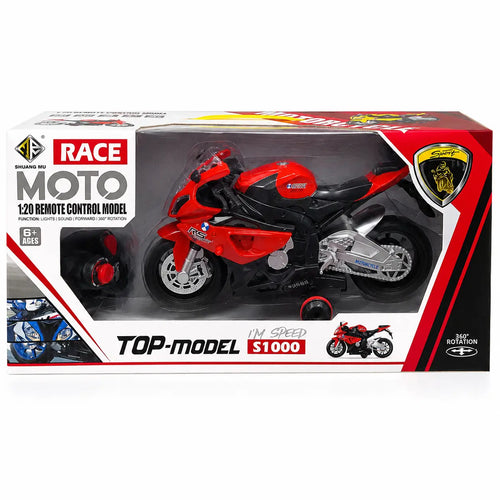 Red 1:20 remote control racing motorcycle toy displayed inside its retail packaging