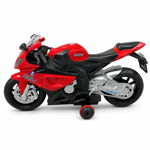 Side profile of red and black remote control motorcycle toy with silver racing details