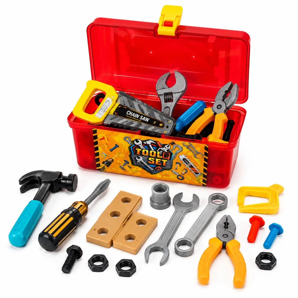 Open kids tool box displaying toy saw, hammer, screwdriver, wrenches, pliers, nuts and bolts
